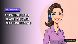 Ilustración plana vectorial de una mujer profesional chilena sonriendo, con fondo degradado lavanda, para artículo sobre preguntas clave en entrevistas de trabajo.