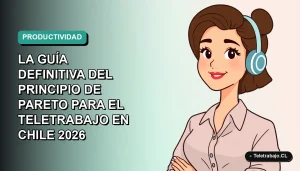 Ilustración vectorial plana de una mujer profesional chilena trabajando remotamente, aplicando el principio 80/20 a su jornada laboral digital. Fondo con gradiente suave de color verde azulado.