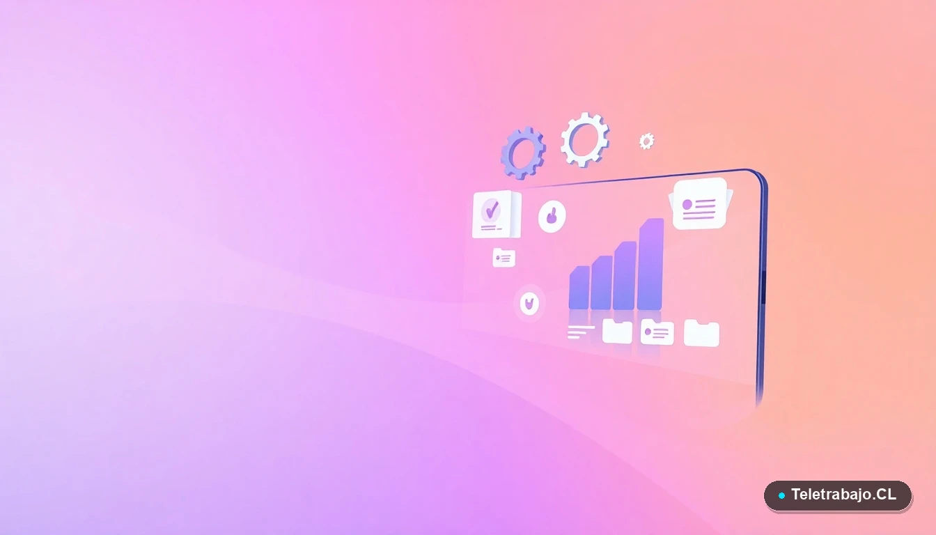 Elementos de interfaz de usuario abstractos y minimalistas, como gráficos flotantes y engranajes, representando el análisis de productividad y datos del principio de Pareto para el teletrabajo.