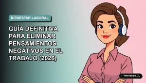 Ilustración plana corporativa de una mujer profesional con expresión tranquila, fondo con gradiente suave de color teal, concepto de salud mental en el trabajo.