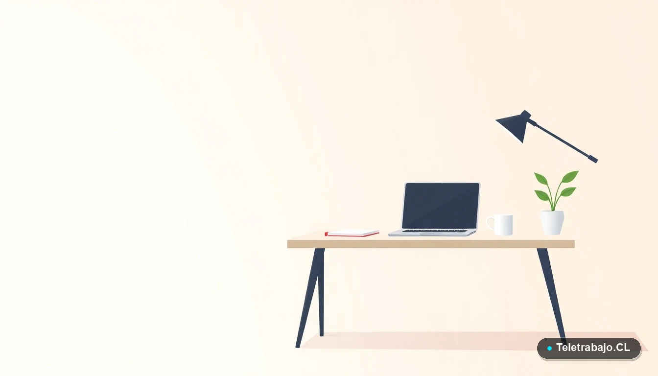 Escritorio moderno y ordenado para trabajo remoto con laptop, cuaderno, taza de café y planta, sobre un fondo con gradiente de color menta, representando un espacio de trabajo positivo.