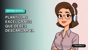 Ilustración vectorial plana de una mujer profesional chilena teletrabajando, con fondo degradado azul verdoso. Representa el dominio de herramientas de oficina.