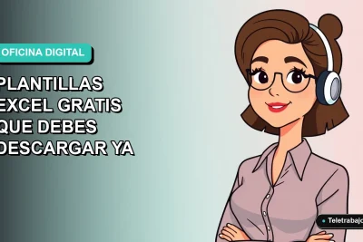 Ilustración vectorial plana de una mujer profesional chilena teletrabajando, con fondo degradado azul verdoso. Representa el dominio de herramientas de oficina.