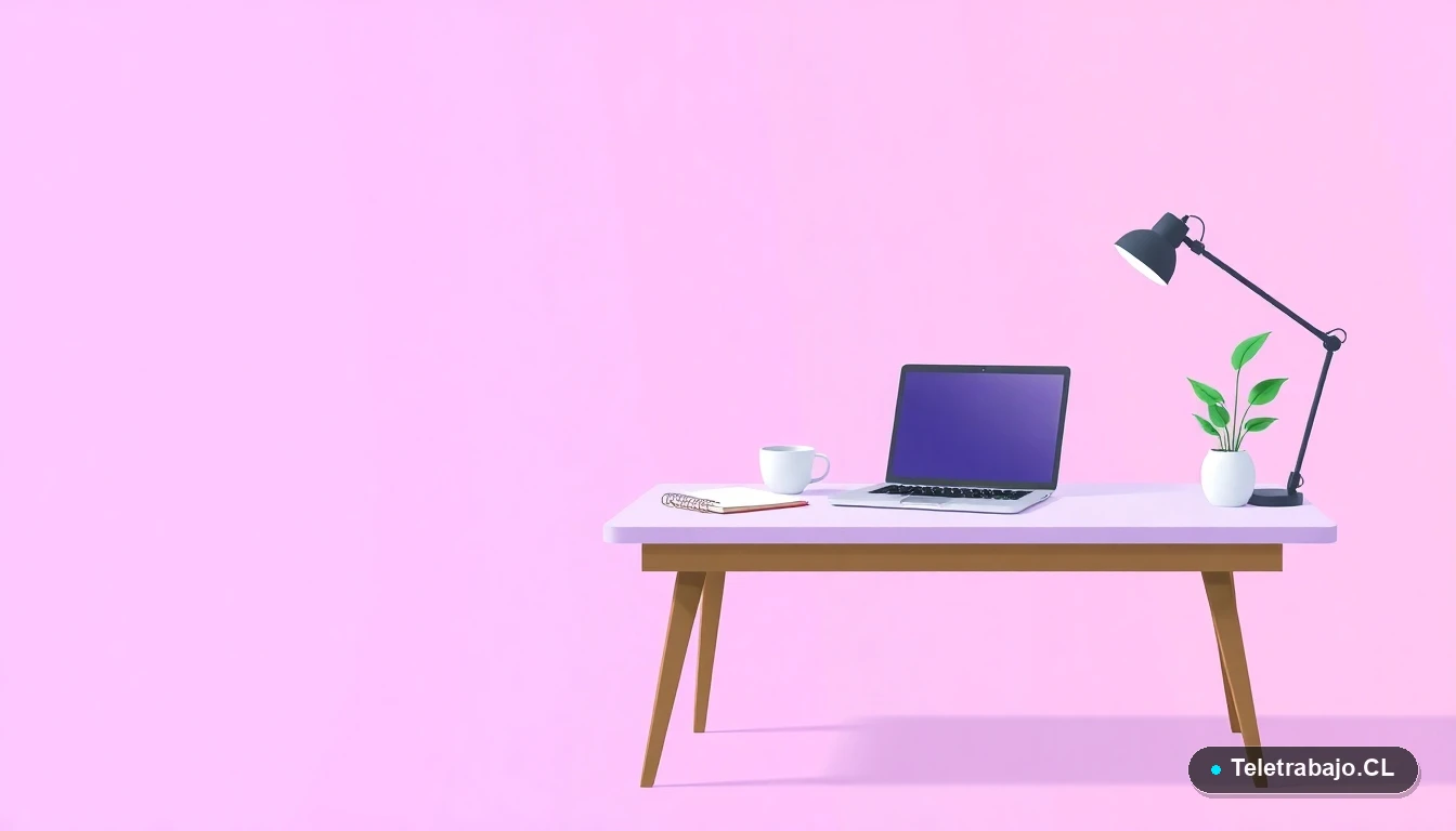 Escritorio moderno minimalista con laptop, cuaderno y taza de café, ilustración vectorial plana con fondo degradado lila. Representa un espacio de trabajo limpio y productivo.