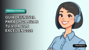 Ilustración plana corporativa de una mujer profesional sonriente con blusa azul y corte de pelo bob, sobre un fondo degradado suave azul verdoso, representando el dominio de la productividad con Excel.