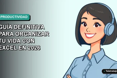 Ilustración plana corporativa de una mujer profesional sonriente con blusa azul y corte de pelo bob, sobre un fondo degradado suave azul verdoso, representando el dominio de la productividad con Excel.