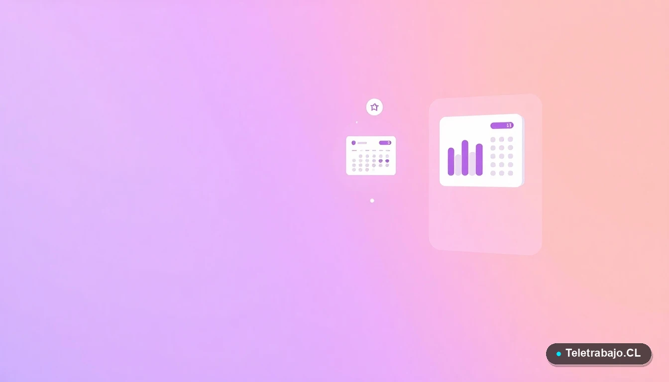 Ilustración vectorial abstracta de elementos de interfaz de usuario flotantes, como gráficos y carpetas estilizadas, sobre un fondo degradado lila y durazno, simbolizando la organización digital con Excel.