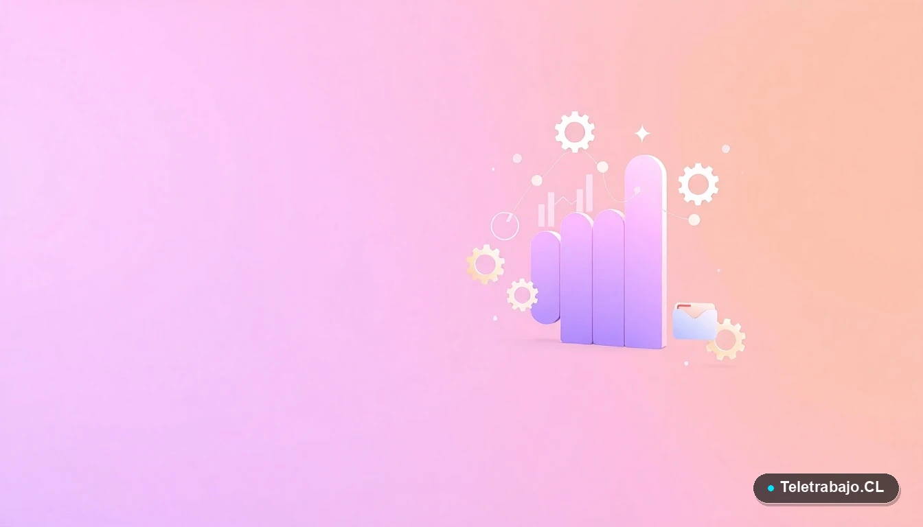 Ilustración abstracta de interfaz tecnológica con gráficos, engranajes y carpetas flotantes sobre fondo degradado lila, concepto de organización y productividad digital.