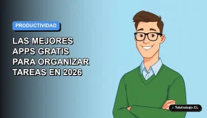 Ilustración plana de un trabajador remoto masculino con suéter verde, sonriendo, sobre un fondo degradado azul. Representa la organización de tareas.
