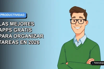 Ilustración plana de un trabajador remoto masculino con suéter verde, sonriendo, sobre un fondo degradado azul. Representa la organización de tareas.