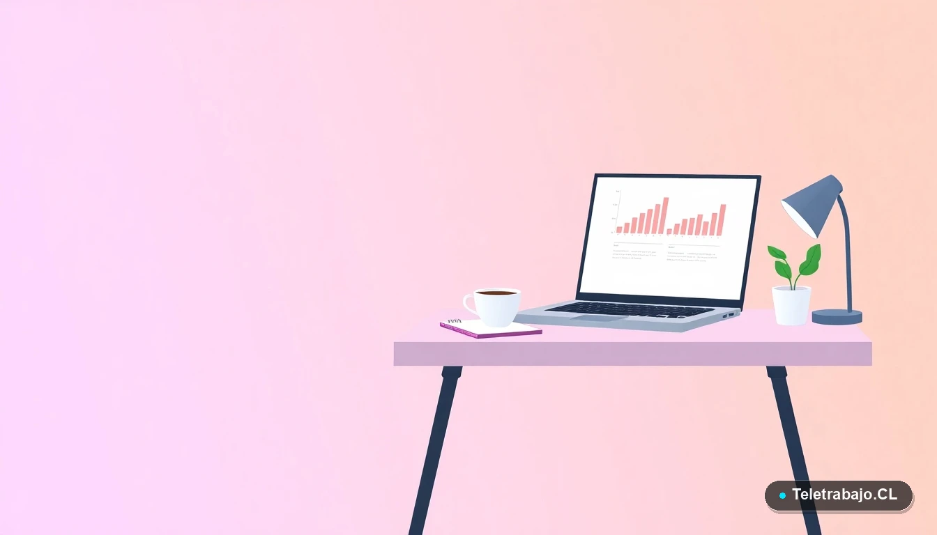 Escritorio moderno minimalista con laptop, taza de café y planta, sobre fondo degradado lavanda. Representación de espacio de trabajo preparado para una entrevista laboral exitosa.