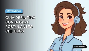 Ilustración plana de mujer chilena profesional sonriente, con blusa azul, en fondo degradado azul pastel, concepto de preparación para entrevista laboral con inteligencia artificial.