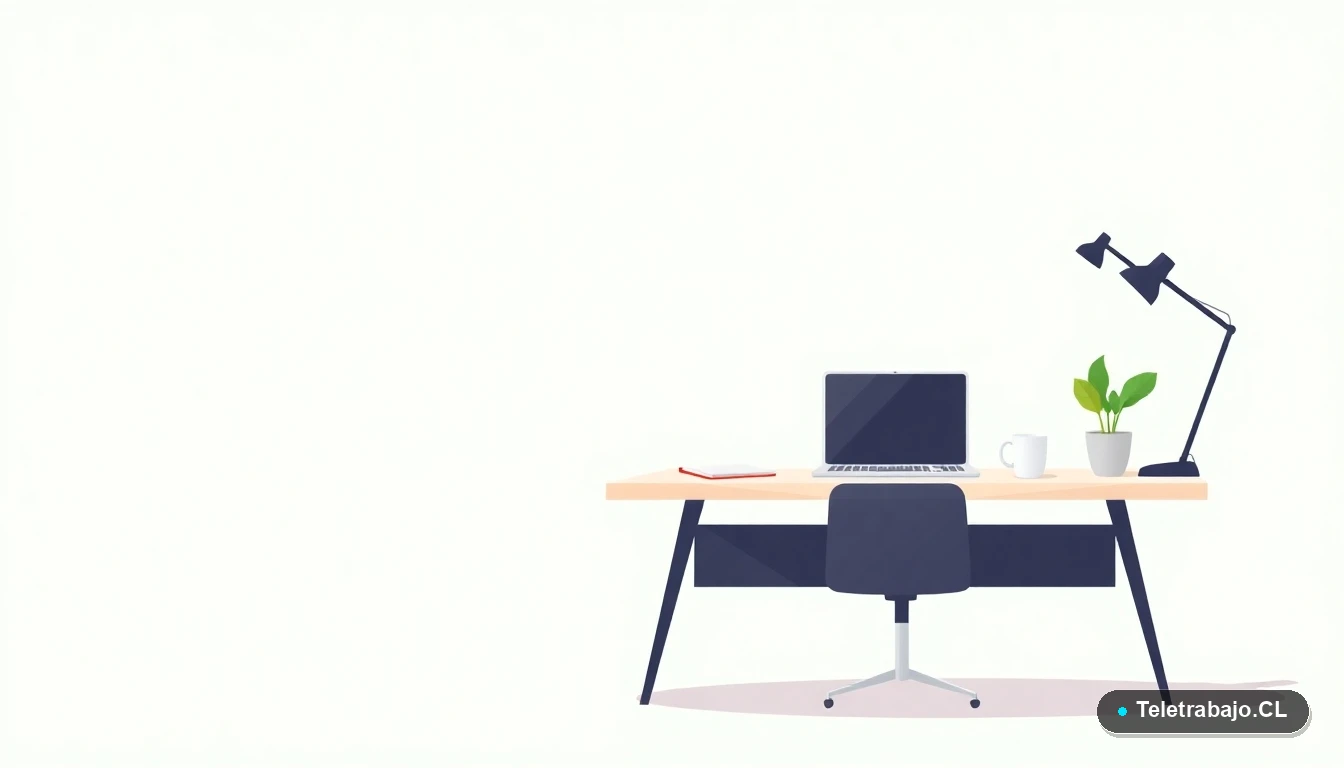 Escritorio moderno minimalista con laptop, cuaderno, taza de café y planta, en fondo degradado verde menta, representando un espacio de trabajo preparado para una entrevista virtual.