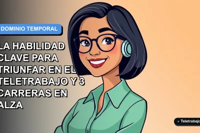 Ilustración vectorial plana de mujer profesional de teletrabajo sonriendo, con fondo degradado azul y naranja, representando productividad y éxito laboral remoto.