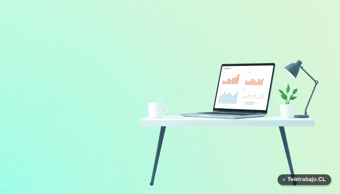 Escritorio moderno minimalista para teletrabajo con laptop, taza de café y planta, ilustración vectorial plana con fondo degradado verde menta y azul teal.