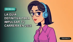 Ilustración plana de mujer profesional feliz con estilo Corporate Memphis, fondo gradiente azul verdoso, concepto de aprendizaje de idiomas con inteligencia artificial para carrera profesional.