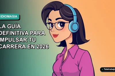 Ilustración plana de mujer profesional feliz con estilo Corporate Memphis, fondo gradiente azul verdoso, concepto de aprendizaje de idiomas con inteligencia artificial para carrera profesional.