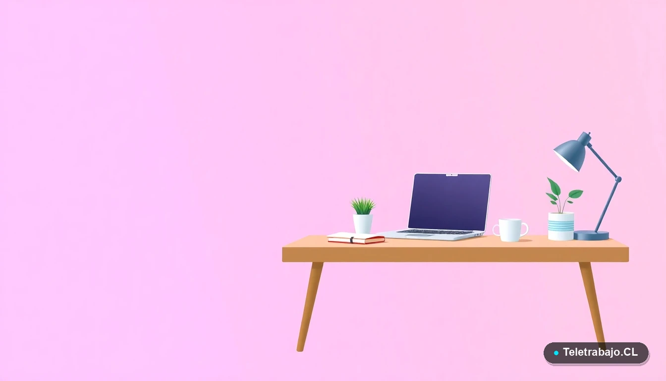 Escritorio moderno minimalista con laptop, cuaderno y café, ilustración plana con fondo gradiente lavanda, concepto de espacio de trabajo productivo para aprendizaje digital.