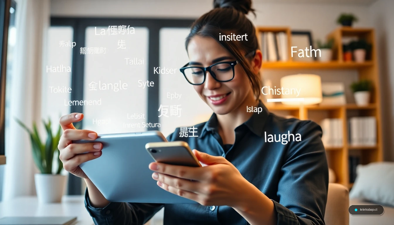 Profesional moderno utilizando tecnología para aprender idiomas en su oficina en casa