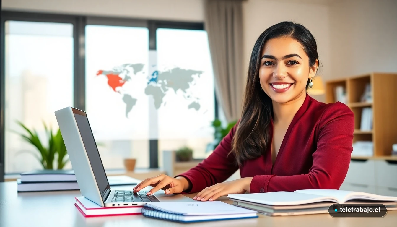 Profesional chilena en teletrabajo teniendo una videollamada exitosa gracias al dominio de un segundo idioma