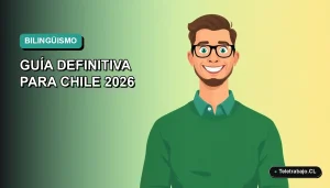 Ilustración plana de trabajador chileno sonriente con sueldo alto por hablar inglés, fondo degradado azul y verde.