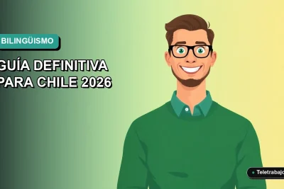 Ilustración plana de trabajador chileno sonriente con sueldo alto por hablar inglés, fondo degradado azul y verde.