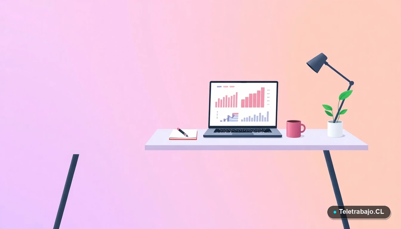 Escritorio moderno minimalista con laptop y gráficos, representando productividad y crecimiento profesional para profesionales chilenos.