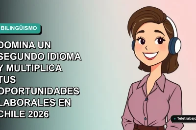 Ilustración vectorial plana de una mujer profesional chilena sonriendo, con fondo degradado azul verdoso. Representa el éxito laboral al dominar un segundo idioma.