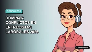 Ilustración plana corporativa de una mujer profesional de teletrabajo con expresión segura, sobre fondo degradado azul verdoso. Espacio negativo a la izquierda.