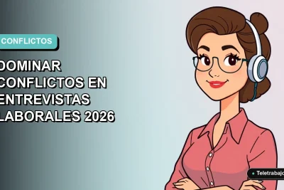 Ilustración plana corporativa de una mujer profesional de teletrabajo con expresión segura, sobre fondo degradado azul verdoso. Espacio negativo a la izquierda.
