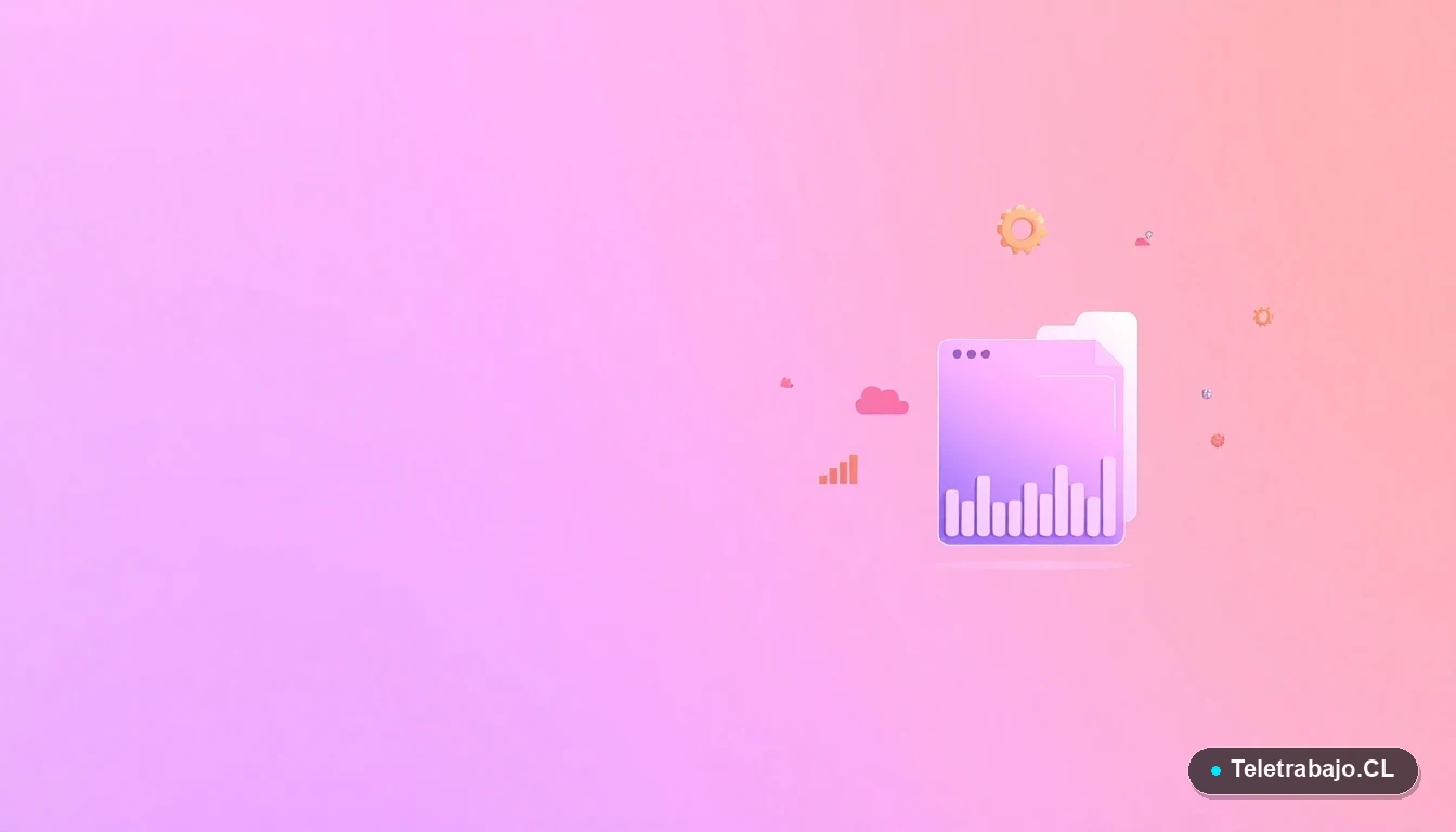 Ilustración abstracta de interfaz de usuario con gráficos y iconos flotantes en tonos lavanda y durazno, sobre fondo degradado. Concepto de tecnología y procesos.