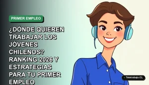 Ilustración vectorial plana de una mujer joven profesional chilena con blusa azul, sonriendo, sobre fondo degradado verde suave. Espacio negativo a la izquierda.