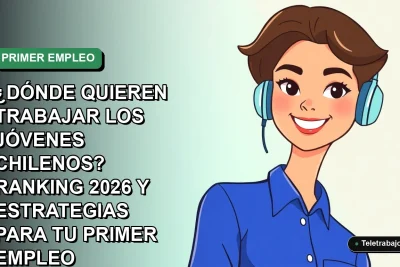 Ilustración vectorial plana de una mujer joven profesional chilena con blusa azul, sonriendo, sobre fondo degradado verde suave. Espacio negativo a la izquierda.