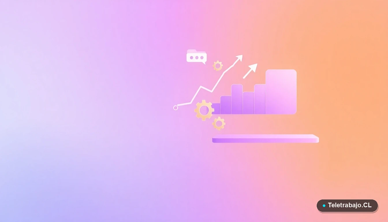 Ilustración abstracta de interfaz tecnológica con gráficos flotantes y engranajes estilizados en colores lavanda y durazno, sobre fondo degradado. Concepto de datos y estrategia laboral.