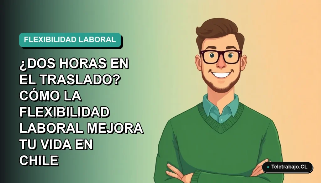 Ilustración vectorial plana de un trabajador chileno sonriendo, representando la flexibilidad laboral y el ahorro de tiempo en traslados, con fondo degradado azul verdoso.