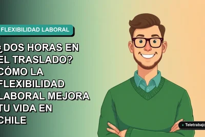Ilustración vectorial plana de un trabajador chileno sonriendo, representando la flexibilidad laboral y el ahorro de tiempo en traslados, con fondo degradado azul verdoso.
