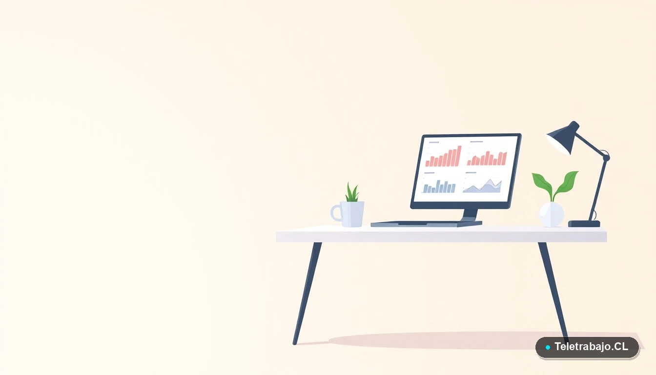 Escritorio moderno y minimalista para teletrabajo en Chile, con laptop, planta y taza de café, sobre fondo degradado color menta, simbolizando un espacio de trabajo productivo y flexible.