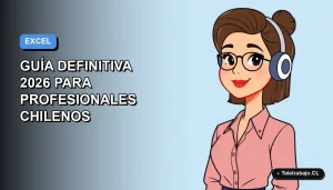 Ilustración vectorial plana de un profesional chileno trabajando en Excel, con fondo degradado azul y espacio negativo.