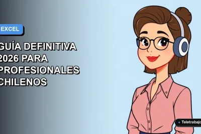 Ilustración vectorial plana de un profesional chileno trabajando en Excel, con fondo degradado azul y espacio negativo.