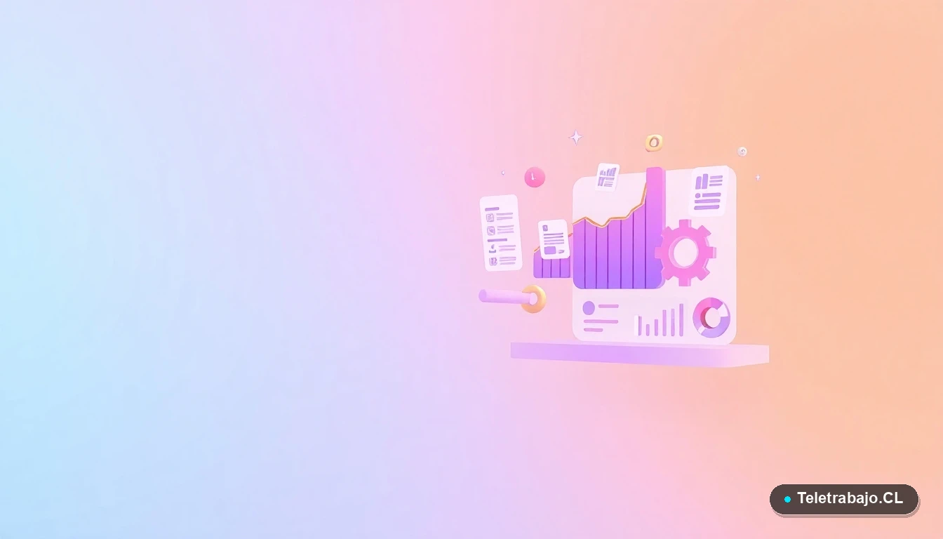 Elementos de interfaz de usuario abstractos y coloridos, como gráficos y engranajes, representando funciones avanzadas de Excel.