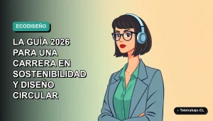 Ilustración plana corporativa de una mujer profesional chilena sonriente, con blusa verde, sobre un fondo degradado suave. Representa una carrera en diseño circular y sostenibilidad.