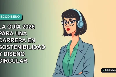 Ilustración plana corporativa de una mujer profesional chilena sonriente, con blusa verde, sobre un fondo degradado suave. Representa una carrera en diseño circular y sostenibilidad.