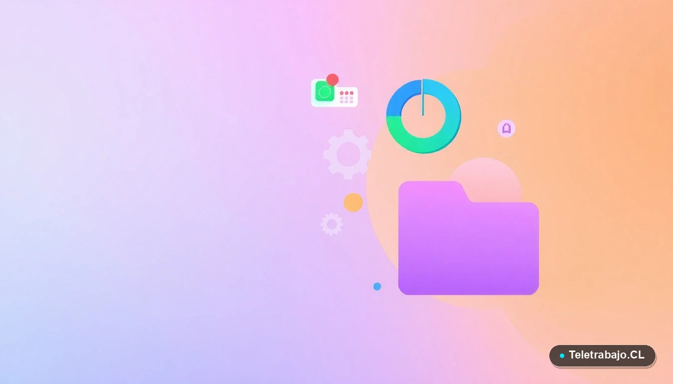 Composición abstracta de interfaz de usuario con gráficos circulares, engranajes y carpetas flotantes en colores lavanda y durazno, sobre fondo degradado. Concepto de tecnología y datos para la sostenibilidad.