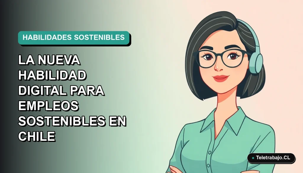 Ilustración plana vectorial de una mujer profesional chilena con blusa verde, representando la nueva economía digital y sostenible, sobre fondo degradado azul verdoso.