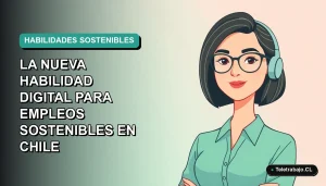 Ilustración plana vectorial de una mujer profesional chilena con blusa verde, representando la nueva economía digital y sostenible, sobre fondo degradado azul verdoso.