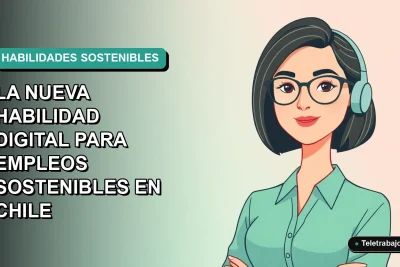 Ilustración plana vectorial de una mujer profesional chilena con blusa verde, representando la nueva economía digital y sostenible, sobre fondo degradado azul verdoso.