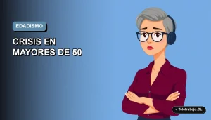 Ilustración vectorial plana de estilo Corporate Memphis que muestra a una trabajadora remota de mediana edad con expresión preocupada, recortada al pecho, situada en el extremo derecho de la imagen. Fondo con degradado suave de azul frío a gris claro. Espacios izquierdo y central completamente vacíos.