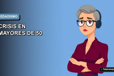 Ilustración vectorial plana de estilo Corporate Memphis que muestra a una trabajadora remota de mediana edad con expresión preocupada, recortada al pecho, situada en el extremo derecho de la imagen. Fondo con degradado suave de azul frío a gris claro. Espacios izquierdo y central completamente vacíos.