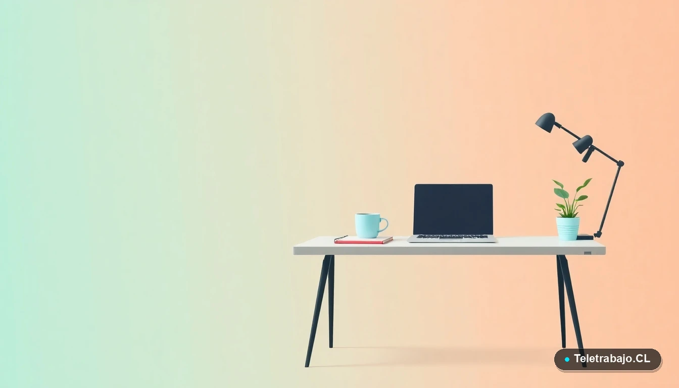 Ilustración vectorial plana de un escritorio moderno vacío, con laptop, taza de café y planta, en estilo Corporate Memphis. Situado en el extremo derecho, sobre un fondo con degradado de verde azulado a menta claro. Espacio negativo amplio a la izquierda.