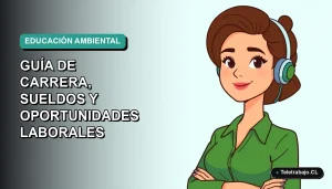Ilustración plana de educadora ambiental chilena, estilo corporativo moderno, con fondo degradado azul verdoso.